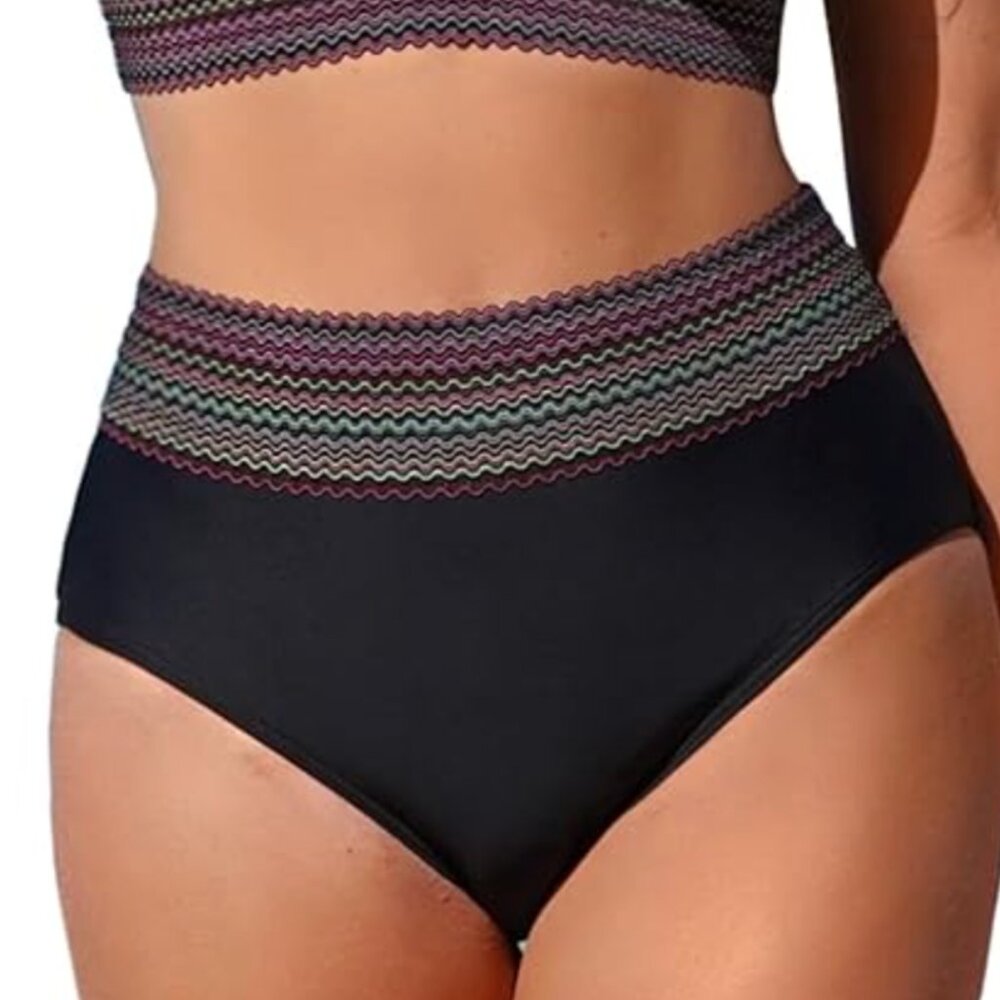 (S) NWT 2  PIECE Scallop Edged Top w/ High waisted bottom Thick Colorful Bands - Picture 4 of 14